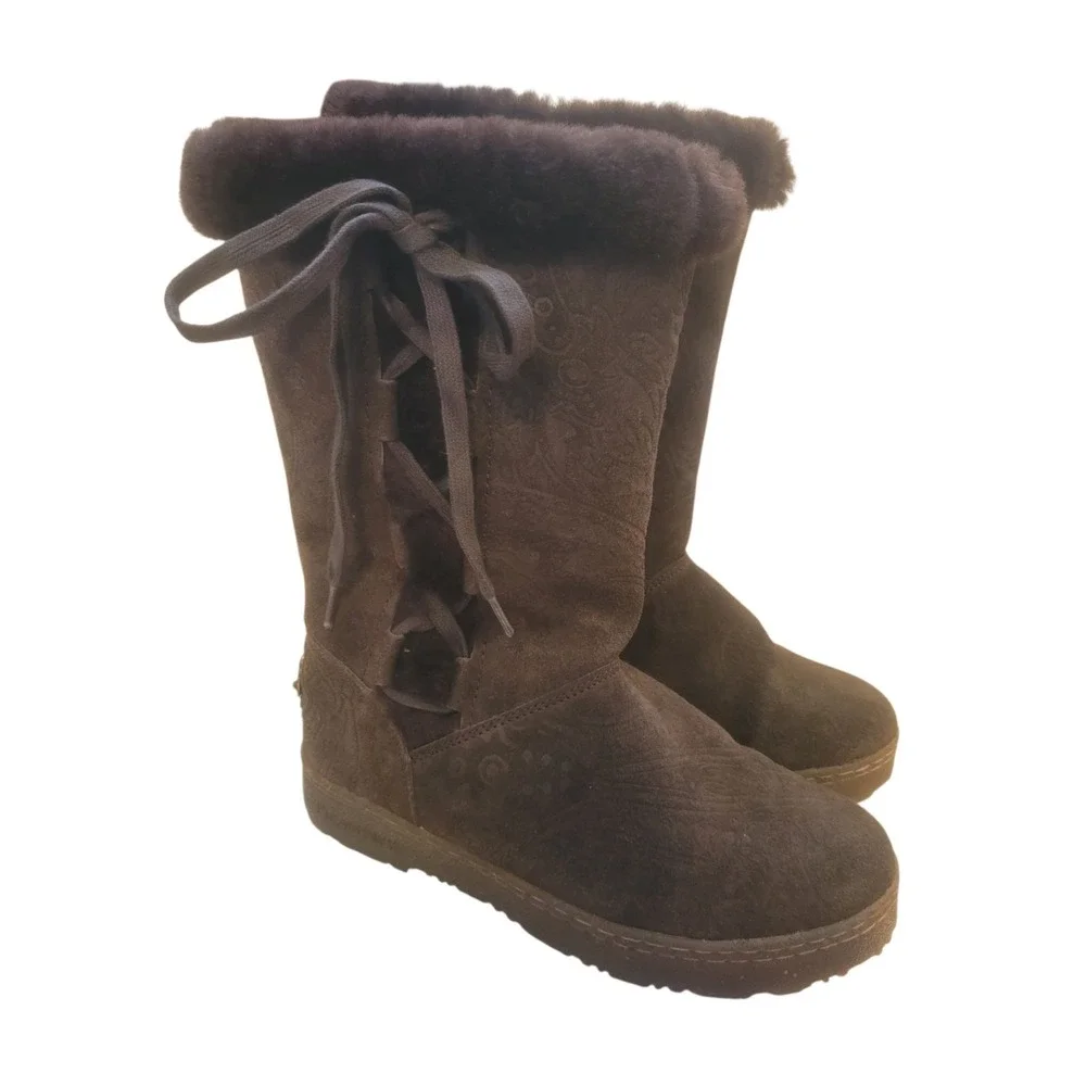 Bearpaw Boots Womens 8 Bristol Tooled Shearling Brown Suede Pull On Mid-Calf‎
